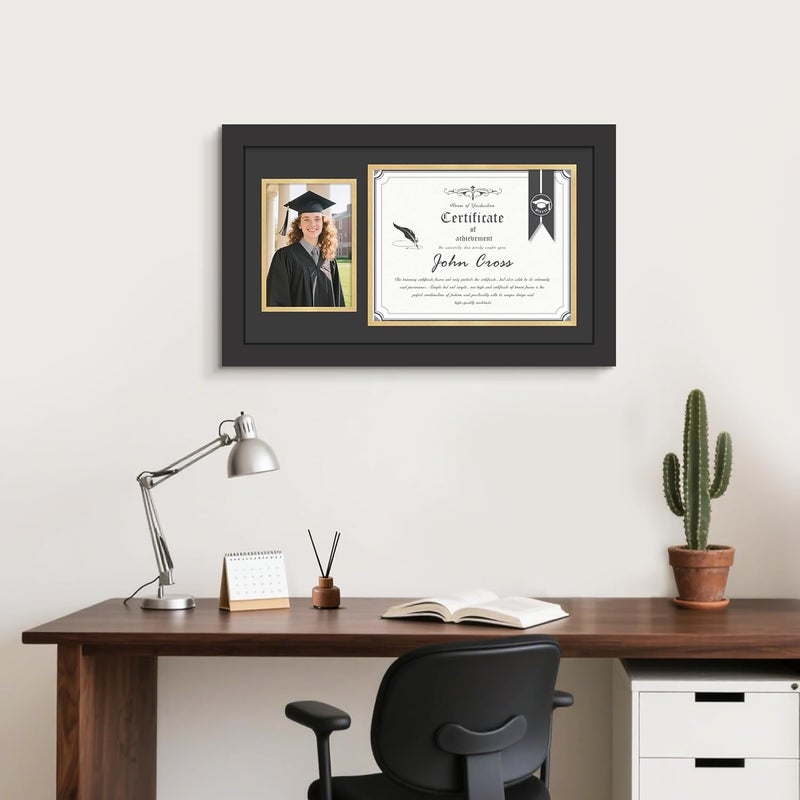 Picrit 11x19 Wood Diploma Frame and Pictures Frame for 8.5x11 Certificate/Degree Document & 5x7 Graduation Photos, with Tempered Glass, Black over Gold Mat, Wall Mount Display - Image 2